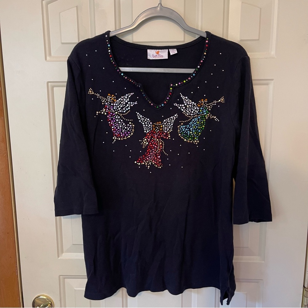 Quacker Factory Angel Embellished Black Long Sleeve Top